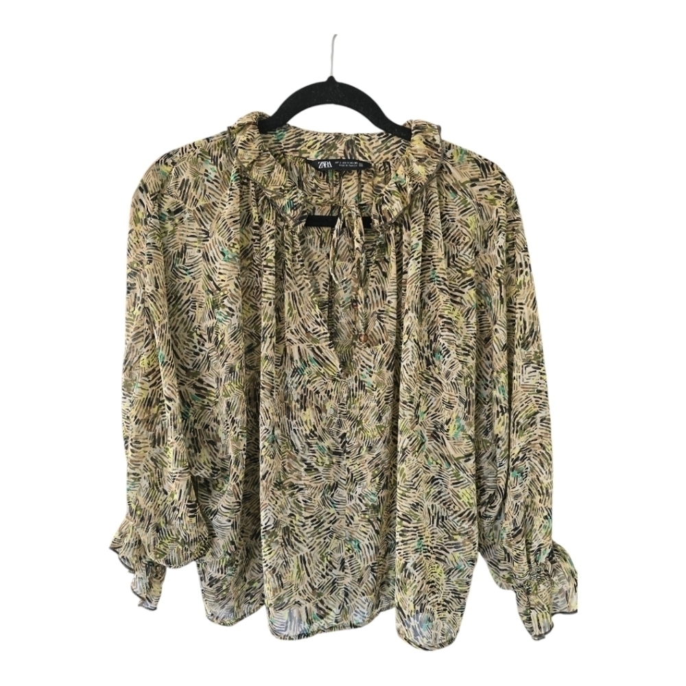 Zara Woman Blouse Sz S Tie Front Ruffles Sheer Flare Sleeves Tassel Flowy